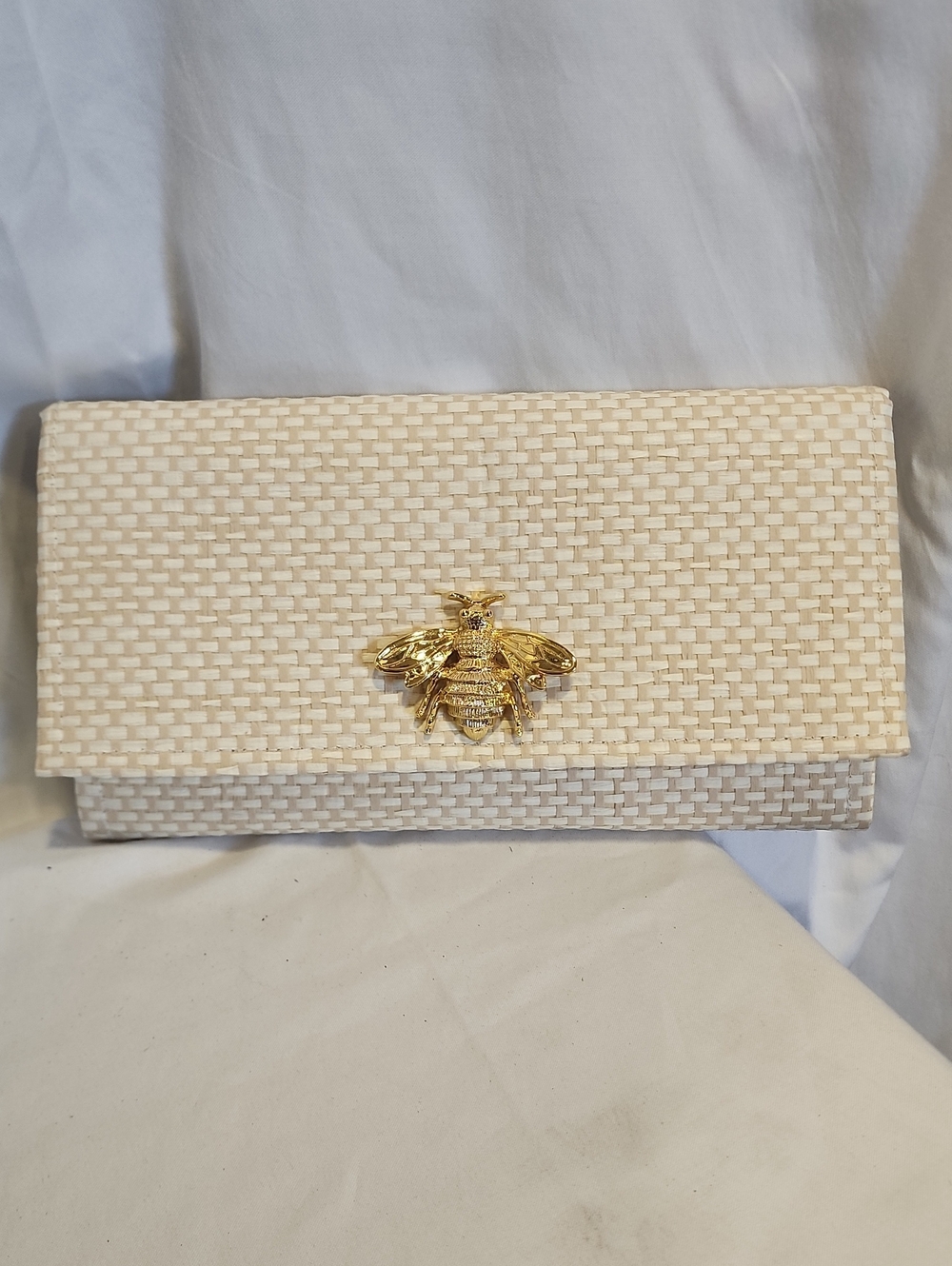 Garland Statement Piece Cream Woven Clutch with Gold Bee Accent, Gold Chain NWT